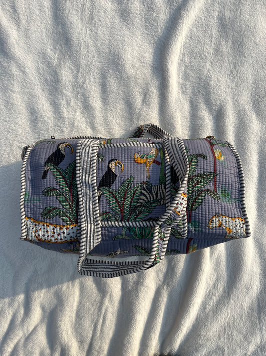 Grey Safari Print Quilted Cotton Duffle Bag – Lightweight Travel Weekender