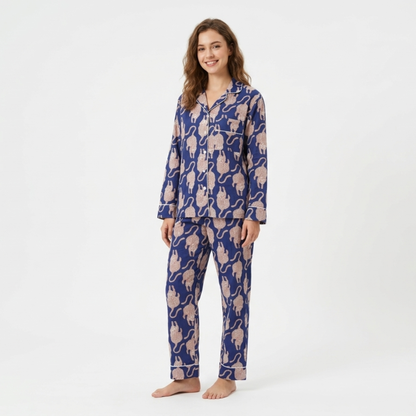 Women's Midnight Blue Tiger Print Cotton Night Suit Set – Elegant Two Piece Pajama Set