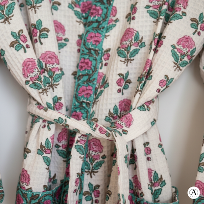 Petal White Comfort Handblock Waffle Bathrobe – Luxury Spa Robe