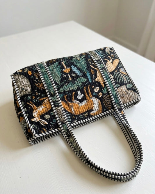 Black Jungle printed Quilted Mini Tote Bag 10X12
