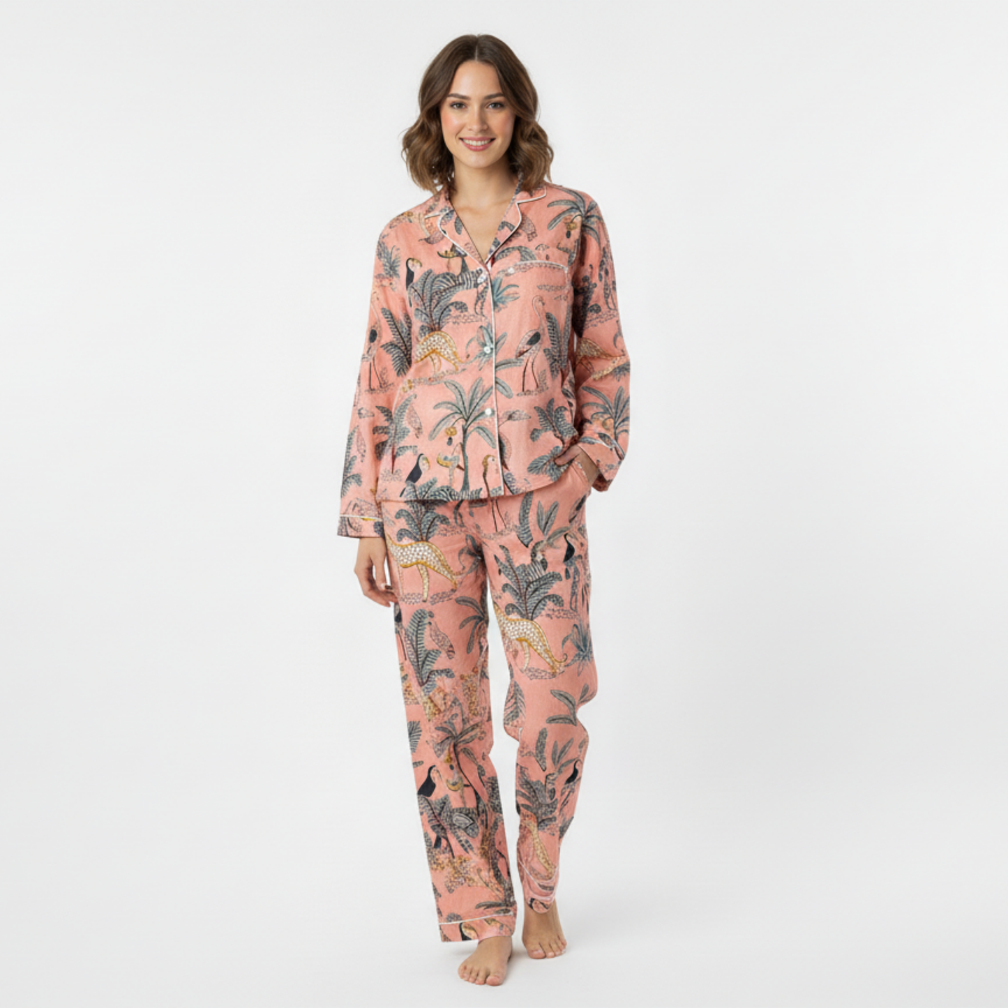 Women's Peach Safari Print Cotton Night Suit Set – Elegant Two Piece Pajama Set
