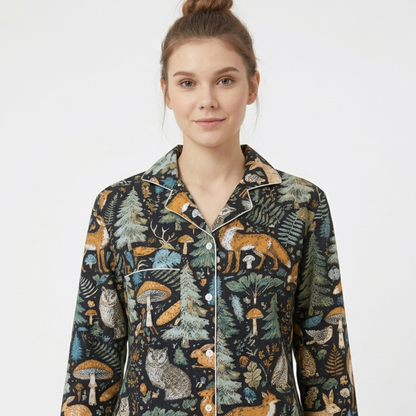 Women's Black Midnight Jungle Cotton Night Suit Set – Elegant Two Piece Pajama Set