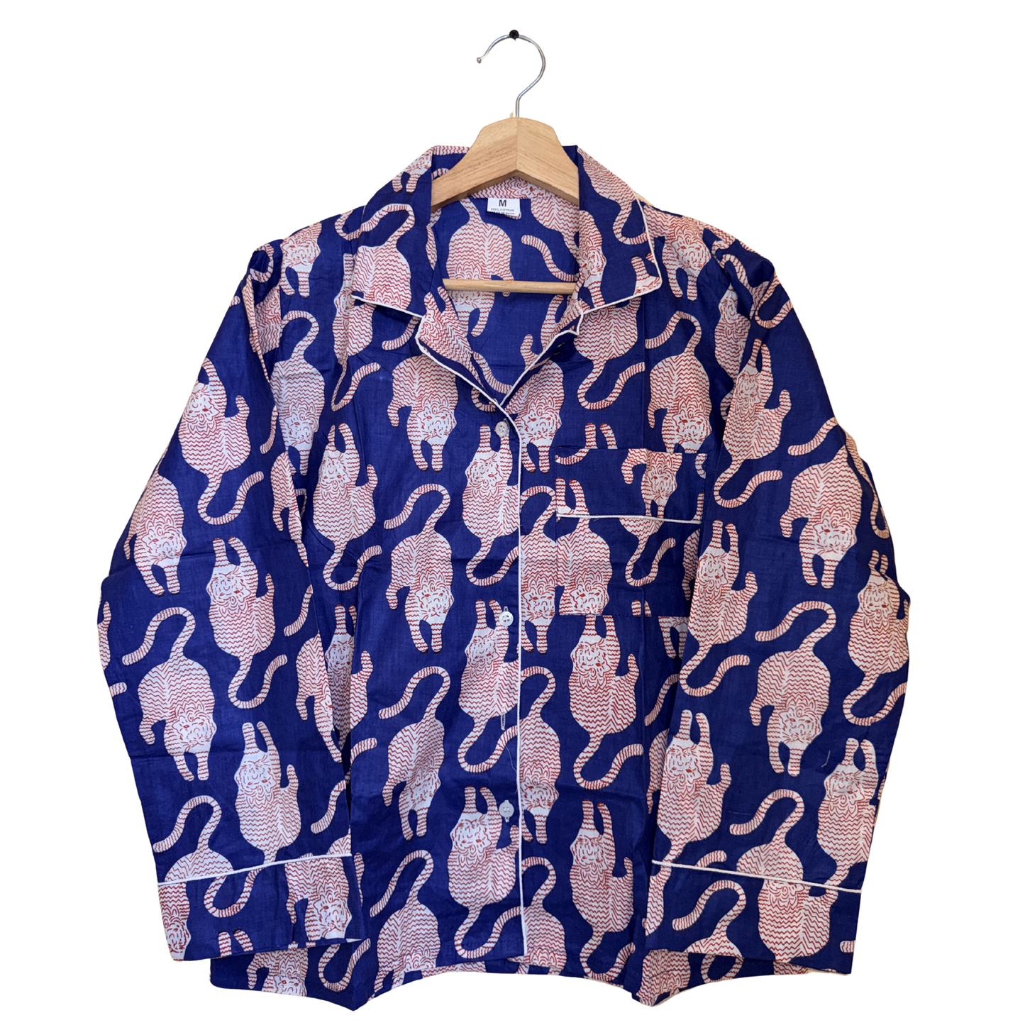 Women's Midnight Blue Tiger Print Cotton Night Suit Set – Elegant Two Piece Pajama Set