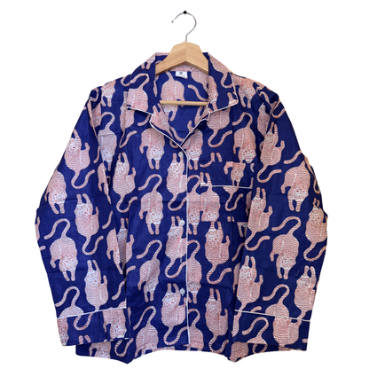 Women's Midnight Blue Tiger Print Cotton Night Suit Set – Elegant Two Piece Pajama Set