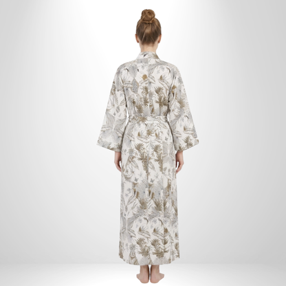White jungle women's cotton kimono robe. Classic tropical
 green foliage and white lightweight cotton housecoat.