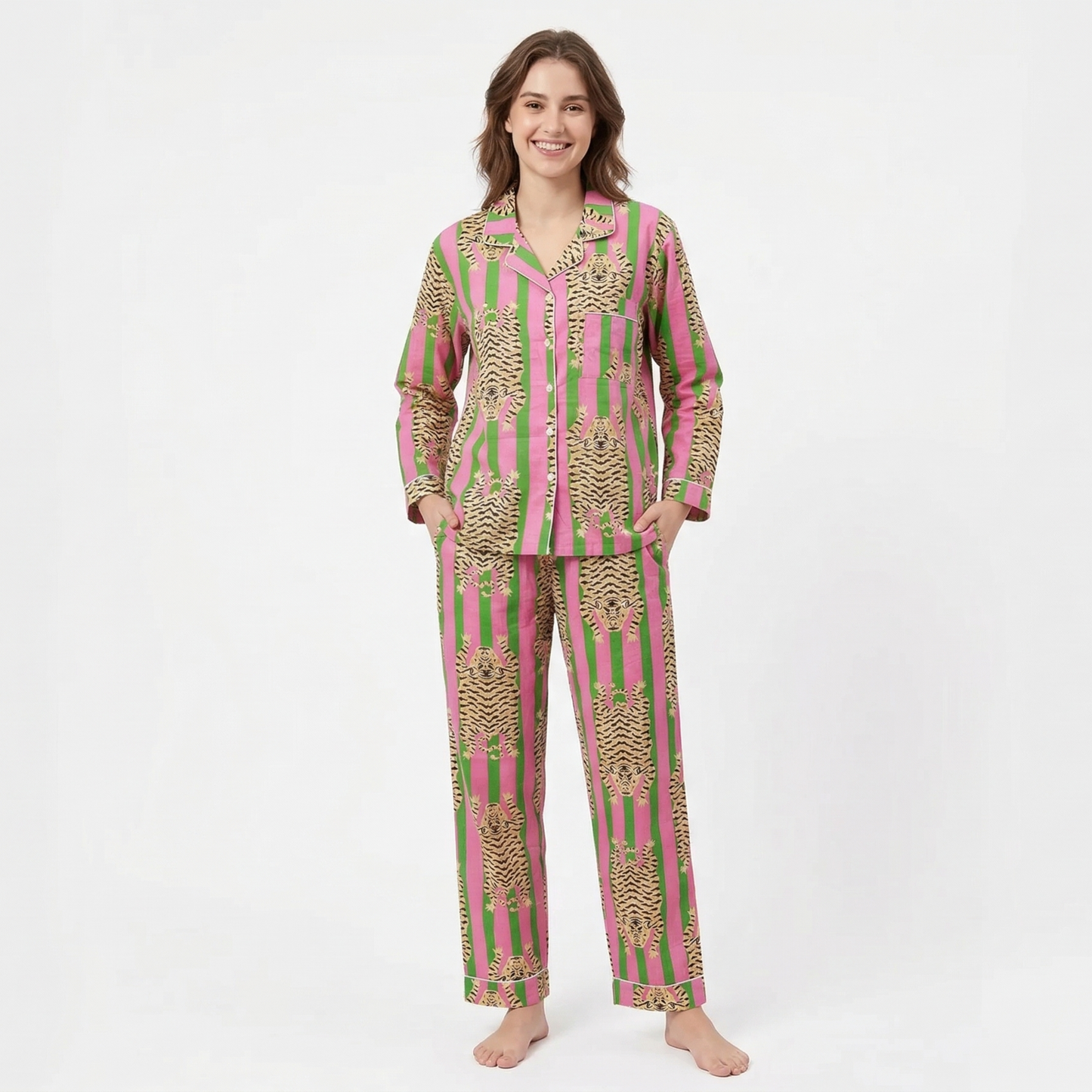Women's Green Pink Stripes Tibetan Print Cotton Night Suit Set – Cute Two Piece Pajama Set