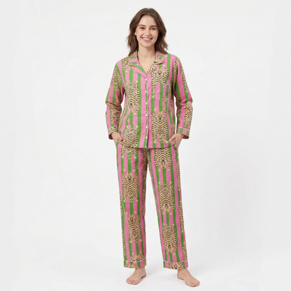 Women's Green Pink Stripes Tibetan Print Cotton Night Suit Set – Cute Two Piece Pajama Set