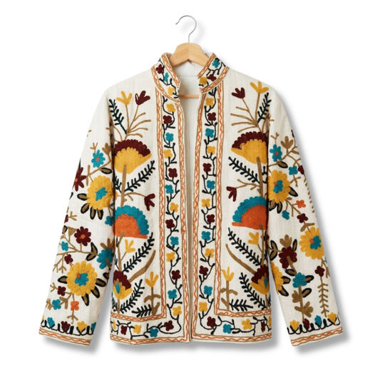 Women's White floral Suzani Reversible Jacket – Artistic Embroidered Statement Jacket