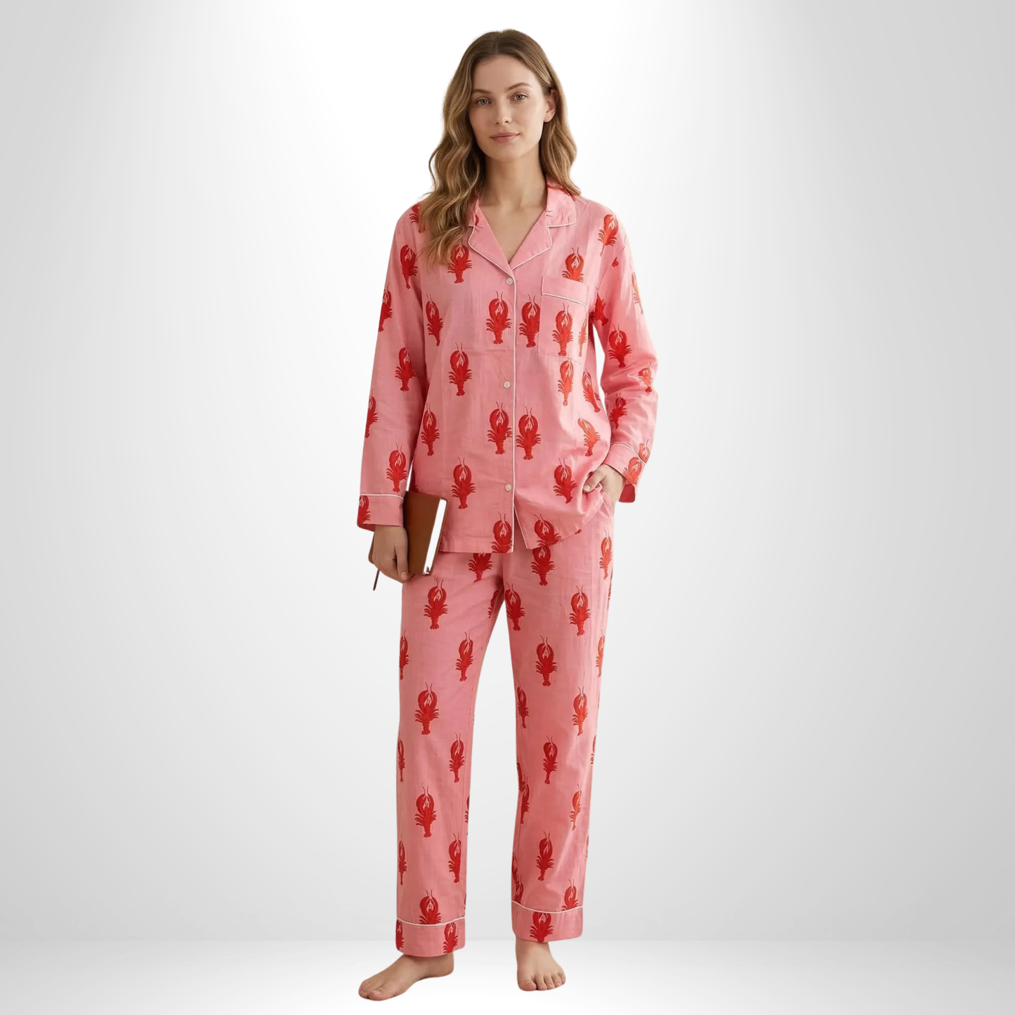 Women's Pink Lobster Love Cotton Night Suit Set – Elegant Two Piece Pajama Set