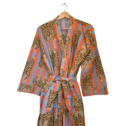 Bold Orange & Blue Stripe Tiger Waffle Bathrobe – Luxury Spa Robe