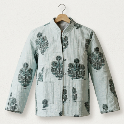 Minty Green Bloom - – Long Cotton Quilted Reversible Jacket
