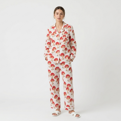 Women's Red Mushroom Print Cotton Night Suit Set – Cute Two Piece Pajama Set
