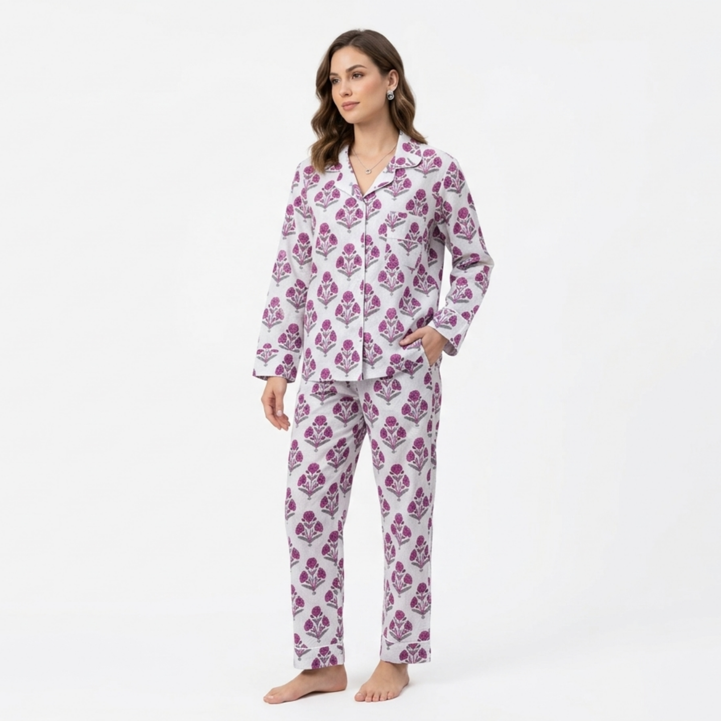 Women’s Mini Red Floral Print Cotton Night Suit Set -Elegant Two Piece Pajama Set