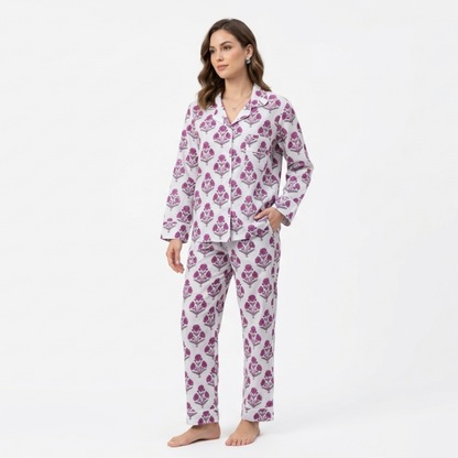 Women’s Mini Red Floral Print Cotton Night Suit Set -Elegant Two Piece Pajama Set