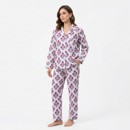 Women’s Mini Red Floral Print Cotton Night Suit Set -Elegant Two Piece Pajama Set