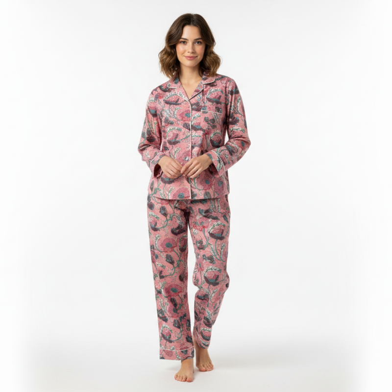 Pink Floral Print Cotton Night Suit Set by House of Arya