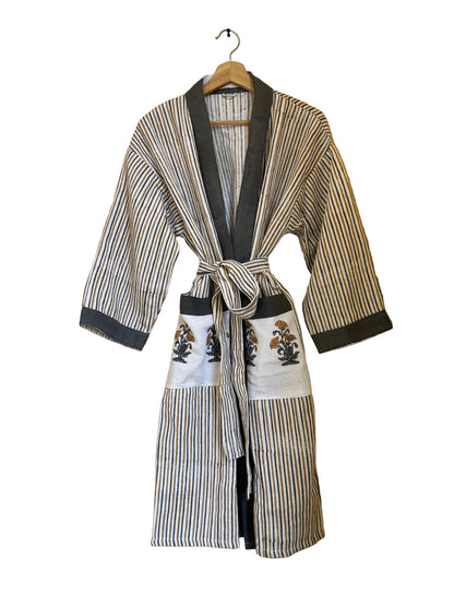 Sunshine Yellow Floral Striped Handblock Cotton Waffle Bathrobe –Luxury Spa Robe