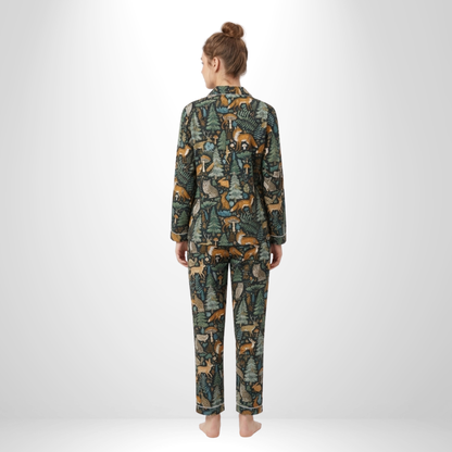 Women's Black Midnight Jungle Cotton Night Suit Set – Elegant Two Piece Pajama Set