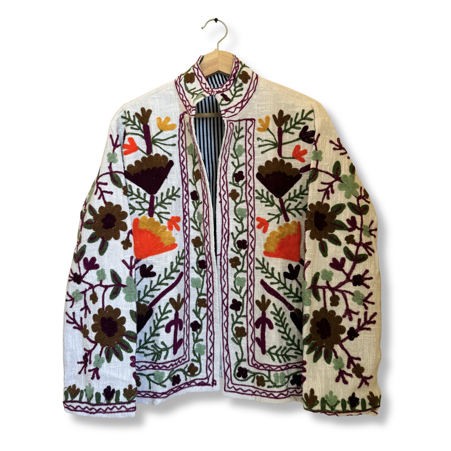 Women’s Snow Petal White Suzani Reversible Cotton Jacket – Artistic Embroidered Statement Jacket