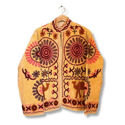 Desert Gold Suzani Jacket – Women’s Yellow Velvet Reversible Embroidered Camel Jacket