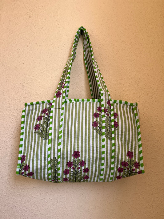 Green flower Quilted Mini Tote Bag 10X12