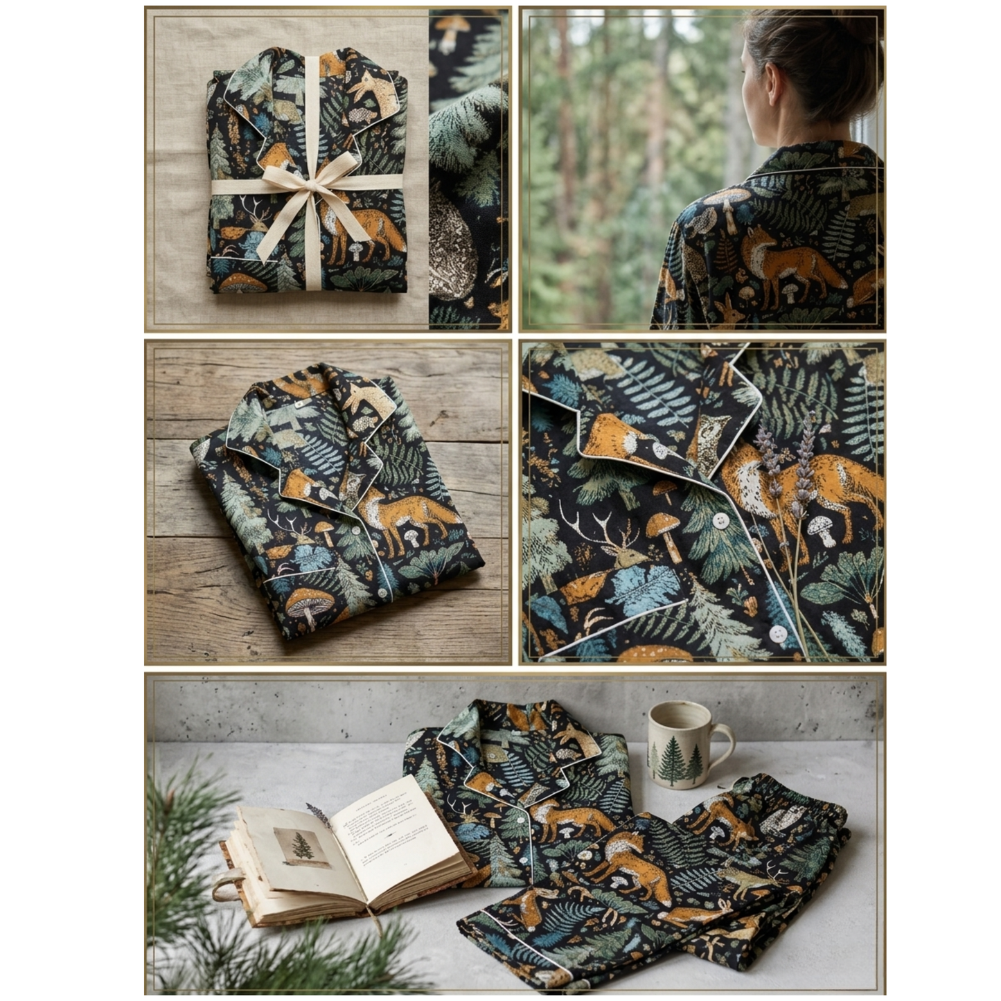 Women's Black Midnight Jungle Cotton Night Suit Set – Elegant Two Piece Pajama Set