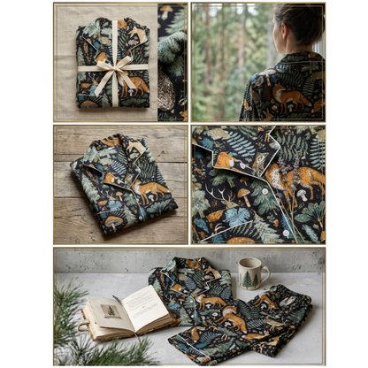 Women's Black Midnight Jungle Cotton Night Suit Set – Elegant Two Piece Pajama Set