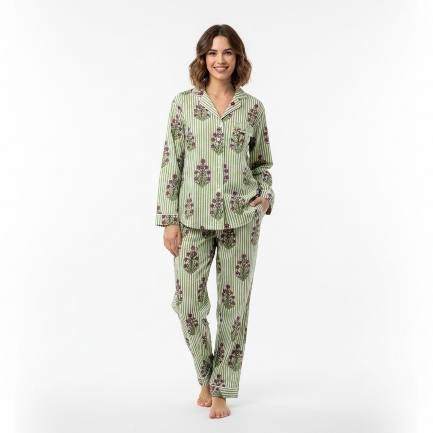 Women’s Green Floral Print Cotton Night Suit Set – Elegant Two Piece Pajama Set