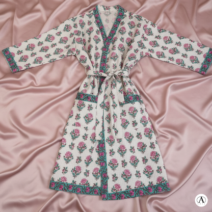 Petal White Comfort Handblock Waffle Bathrobe – Luxury Spa Robe