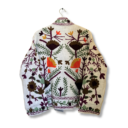Women’s Snow Petal White Suzani Reversible Cotton Jacket – Artistic Embroidered Statement Jacket
