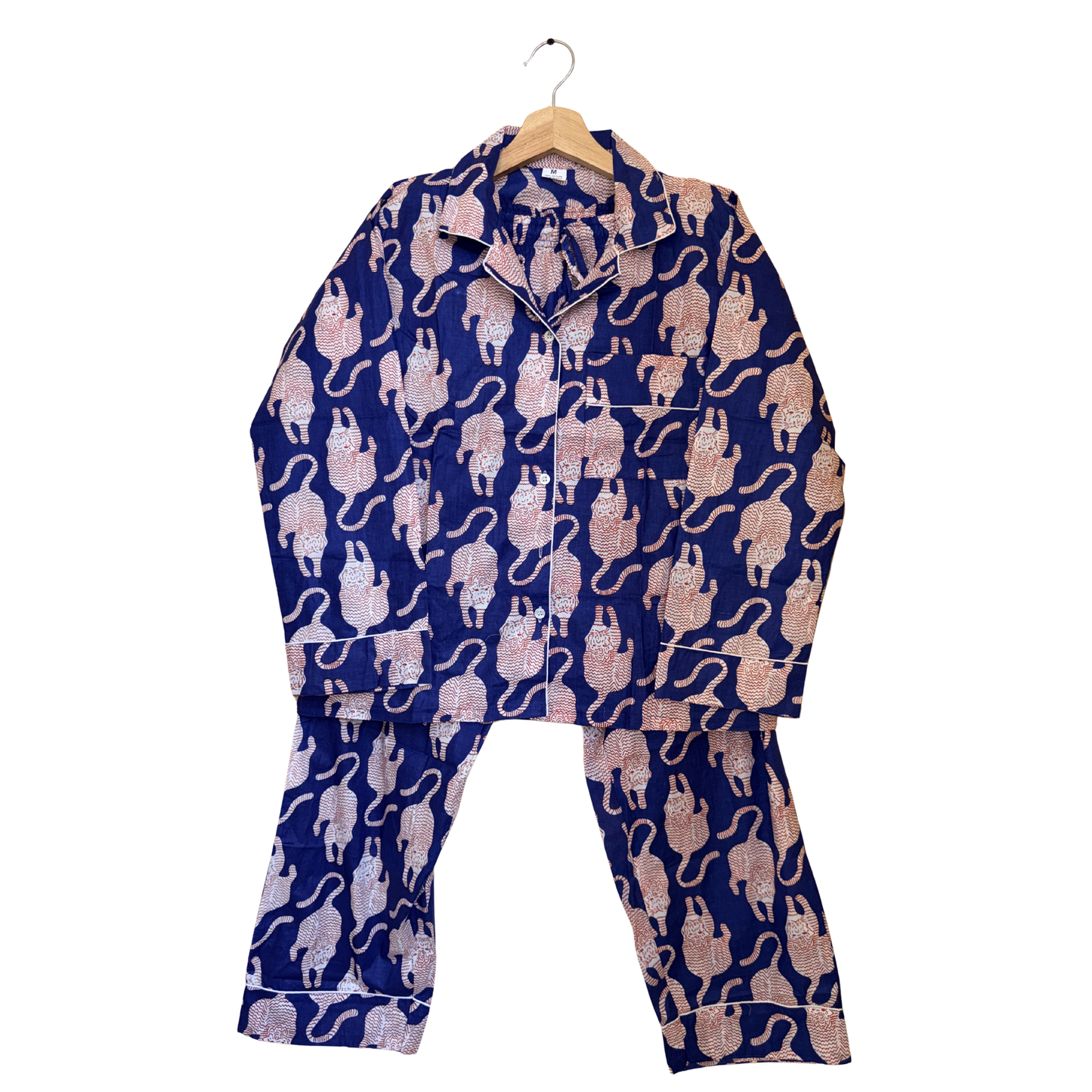 Women's Midnight Blue Tiger Print Cotton Night Suit Set – Elegant Two Piece Pajama Set