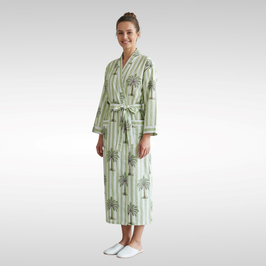 Midnight beach green palms women's green and white
 cotton kimono. Tropical palm tree print lightweight cotton lounge robe.