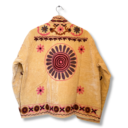 Desert Gold Suzani Jacket – Women’s Yellow Velvet Reversible Embroidered Camel Jacket