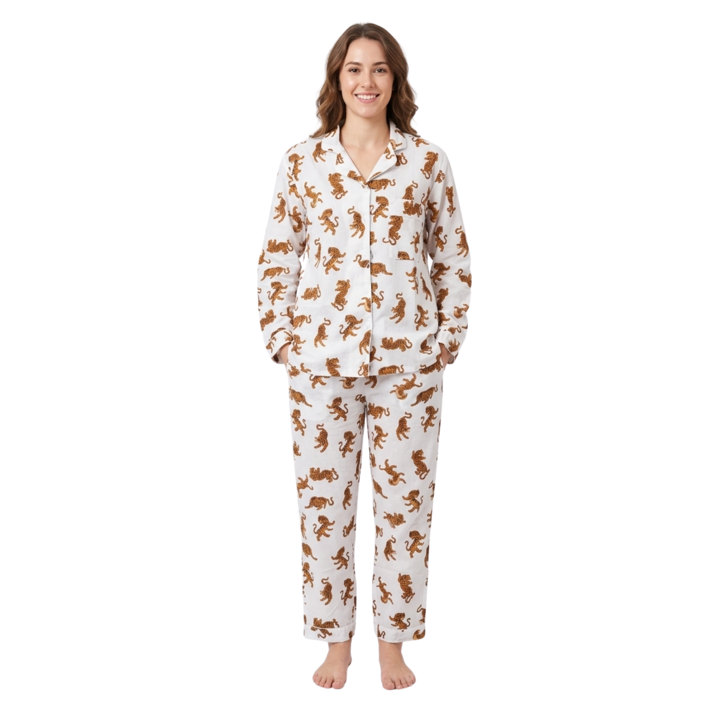 Women's White Tiger Dreams Cotton Night Suit Set – Elegant Two Piece Pajama Set