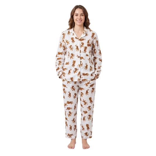 Women's White Tiger Dreams Cotton Night Suit Set – Elegant Two Piece Pajama Set
