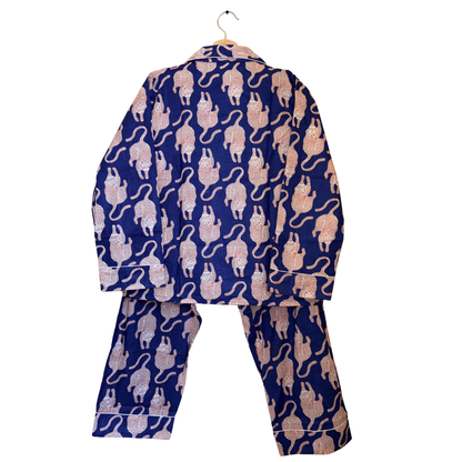 Women's Midnight Blue Tiger Print Cotton Night Suit Set – Elegant Two Piece Pajama Set