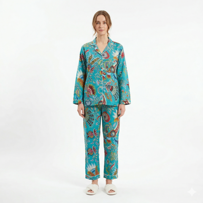 Women’s Teal Blue Majestic – Elegant Two Piece Cotton Pajama Setet