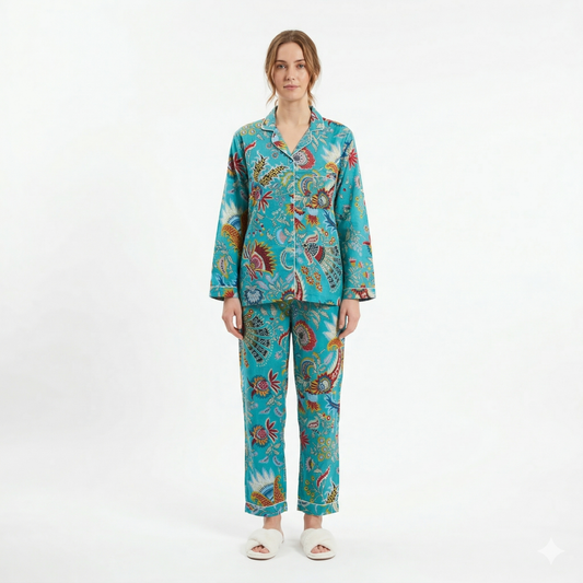 Women’s Teal Blue Majestic Cotton Night Suit Set – Elegant Two-Piece Pajama Set