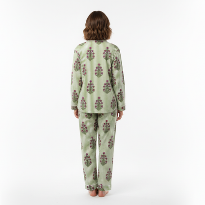 Women’s Green Floral Print Cotton Night Suit Set – Elegant Two Piece Pajama Set