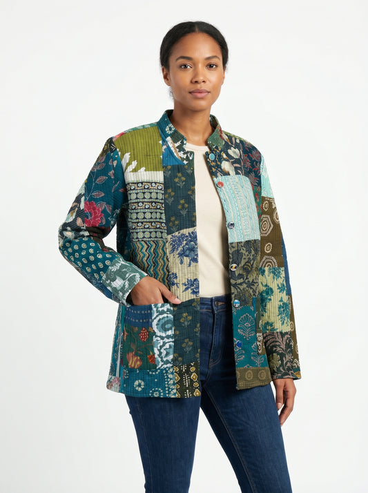 Green patchwork – Long Blue Patchwork Cotton Quilted Reversible Jacket