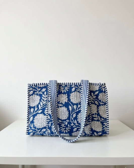 Blue flower Quilted Mini Tote Bag 10X12