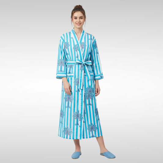 Midnight Blue Breeze Palms – Women’s Blue & White Cotton Kimono