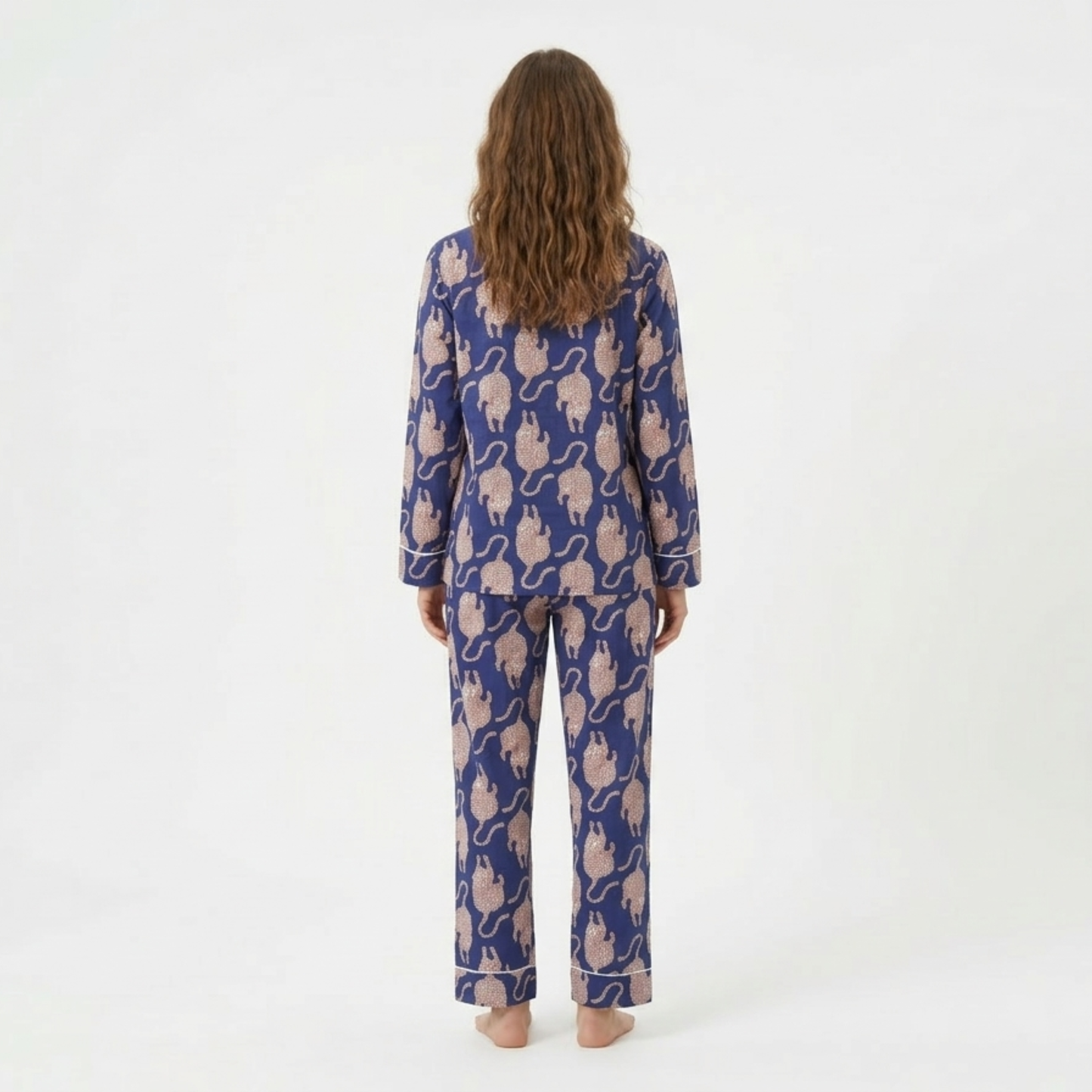 Women's Midnight Blue Tiger Print Cotton Night Suit Set – Elegant Two Piece Pajama Set
