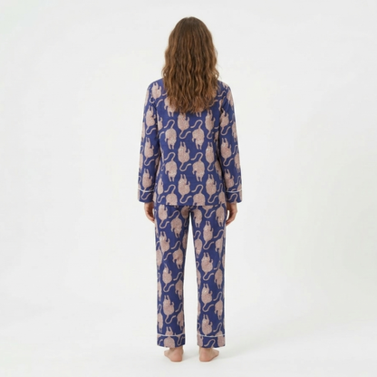 Women's Midnight Blue Tiger Print Cotton Night Suit Set – Elegant Two Piece Pajama Set