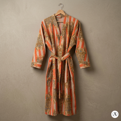 Bold Orange & Off-White Stripe Tiger Waffle Bathrobe – Luxury Spa Robe