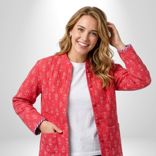 Pink Petal Vibes – Long Floral Cotton Quilted Reversible Jacket