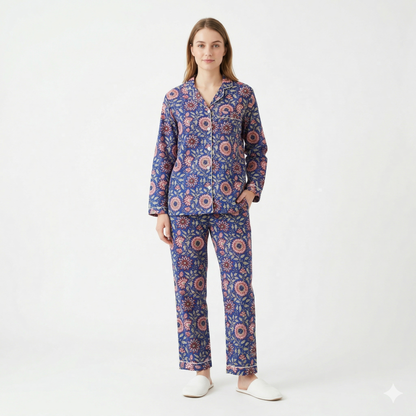 Women's Blue Pink Floral – Elegant Two Piece Cotton Pajama Set