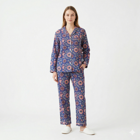 Women's Blue Pink Floral Cotton Night Suit Set – Elegant Two Piece Pajama Set