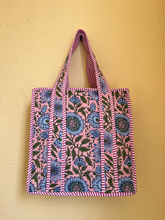 Pink blue floral – Quilted Mini Tote Bag 12X12
