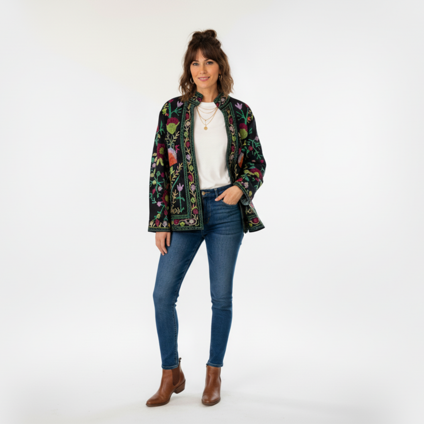 Women’s Midnight Petal Black Suzani Reversible Cotton Jacket – Artistic Embroidered Statement Jacket